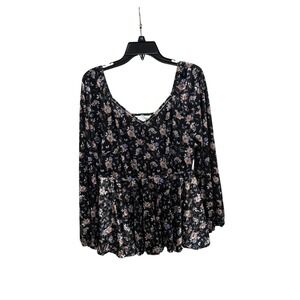 SHEIN X Floral Print Long Sleeve Peplum Top Women's Size 1XL Black